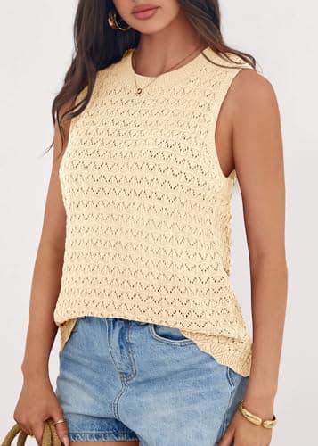 KIRUNDO Crochet Tops for Women 2026 Spring Summer Sleeveless Sweater Vest Tank Top Knit Pullover Beach Vacation Outfits (Beige, Medium) - Thumbnail 6