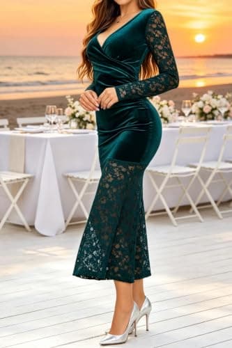 Ystguic Women Long Sleeve Wrap V Neck Bodycon Velvet Lace Ruched Elegant Sexy Dress Ladies Fall Evening Party Date Night Wedding Guest Cocktail Party Dresses X-Large YG064 Dark Green XL - Thumbnail 3
