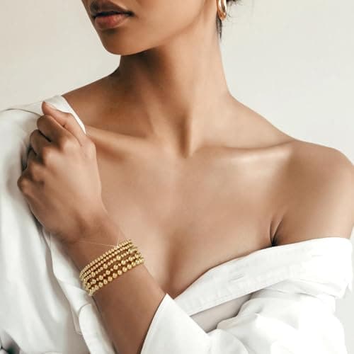 adoyi Gold Bracelets for Women 14K Gold Plated Stackable Beaded Strand Bracelet stack Set Adjustable Jewelry Sets for Women Gifts - Thumbnail 4