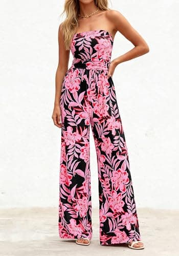 BTFBM Jumpsuits For Women Casual 2026 Floral Strapless Jumpsuit Wide Leg Rompers Beach Vacation Clothes Summer Outfits(Floral Black Pink, Large) - Thumbnail 4