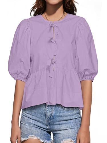 Tankaneo Womens Tie Front Tops Summer Peplum Babydoll Puff Short Sleeve Blouse Cute Cotton Shirts Purple - Image 1