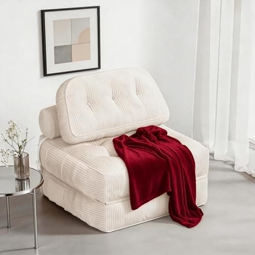NESLAKO Folding Sofa Bed, Flannel Futon Couch Bed with Pillow and Blanket, Convertible Sleeper Chair for Living Room Bedroom, White - Image 1