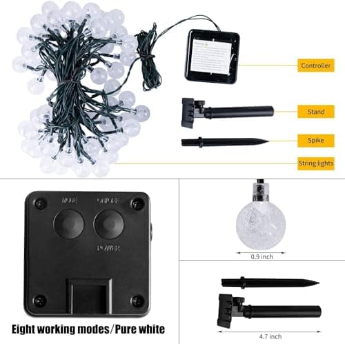 Solar String Lights, Small Crystal Ball Light，Outdoor String Light 60 LED 40ft 8 Lighting Modes Waterproof Solar Powered Patio Solar Light for Garden Yard Porch Wedding Party Decor (Pure White) - Thumbnail 2