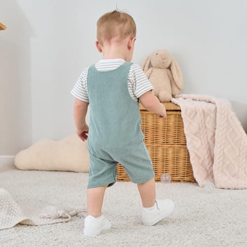 JiuBreeze Baby Boys Bodysuit Summer Clothes Set 2-pcs Striped Romper & Overalls Shorts Set Jumpsuit 0-12Months (Green, 9-12M) - Thumbnail 5