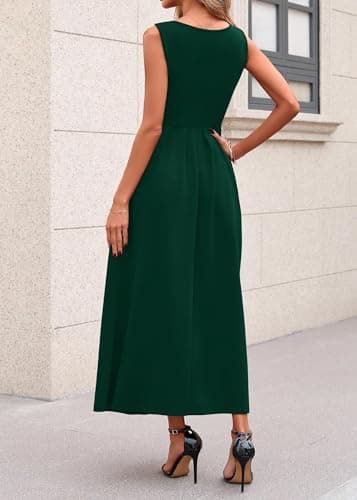 Lazysmile Summer Sleeveless Maxi Dresses for Women Mock Neck Pleated A Line Formal Cocktail Wedding Guest Dress DarkGreen - Thumbnail 2