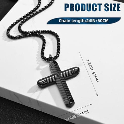 Stainless Steel Cross Necklace for Men, Silver Black gold plated Cross Pendant Jesus Necklace Chain, Non Tarnish Sturdy Mens Christian Jewelry Gifts for Him Baptism Confirmation Birthday, 24 Inch - Thumbnail 3