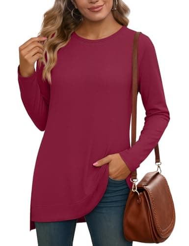 JUSTFASHIONNOW Womens Long Sleeve Crew Neck Shirts Side Split Lightweight Loose Tunic Tops Business Casual 2025 Clothes(Wine Red,X-Large) - Thumbnail 4