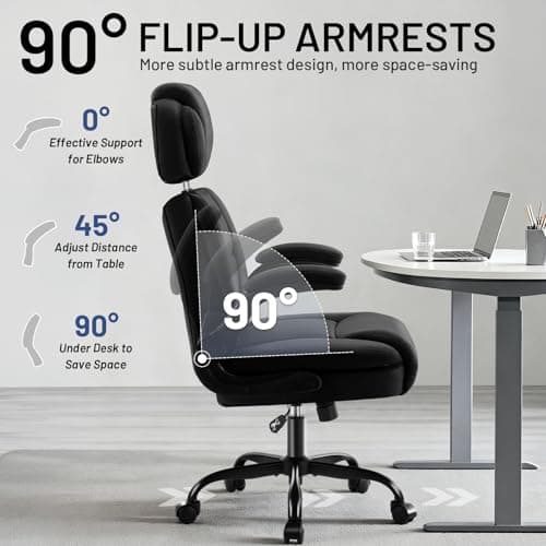AreShark Ergonomic Office Chair with Lumbar Support, 400lbs Heavy Duty Big and Tall Executive Desk Chair, PU Leather High Back Computer Chair with Flip-Up Arms & Adjustable Headrest, Black - Thumbnail 5