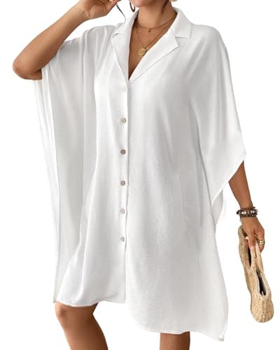 Bsubseach Swimsuit Coverup for Women Lapel Collar Bathing Suit Cover Up for Swimwear Button Down Beach Shirt Dresses White XXL - Image 1