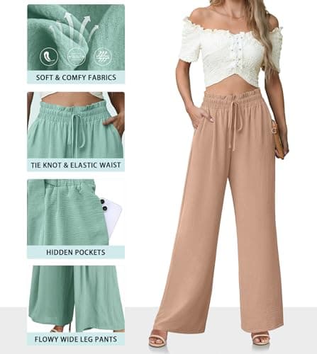 Lepunuo Boho Lounge Pants Womens Wide Leg Pants High Waisted Palazzo Pants Casual Flowy Pants Vacation Travel Outfits A - Khaki - Thumbnail 4