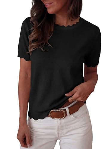 ANRABESS Womens Short Sleeve Sweater Summer Sweaters Top Dressy Scalloped Loose Business Casual Vacation Outfits 2026 Black Large - Image 1