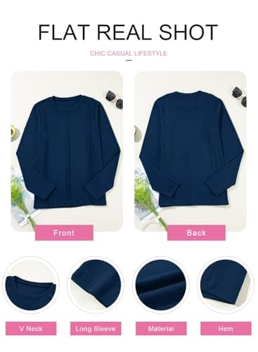 EVALESS Womens Shirts 2025 Round Neck Pleated Long Sleeve Dressy Casual Cute Knit Work Spring Summer Fall Tops Loose Fit Tees Blouses Clothing,Navy Blue Small - Thumbnail 5