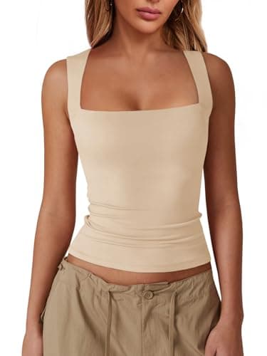 Imily Bela Womens Square Neck Tank Tops Sleeveless Casual Slim Fit Going Out Y2K Summer Cropped Shirts Khaki - Image 1