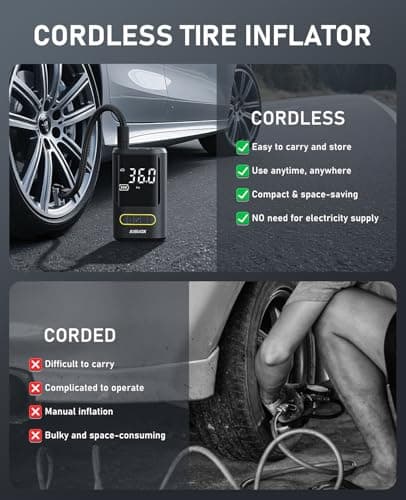 JUSUOX Tire Inflator Portable Air Compressor, Electric Bike Pump with Digital Pressure Gauge, 150 PSI Cordless Air Pump for Car Tires, Motorcycle, Bicycle, Ball with Auto Shutoff, LED Light - Thumbnail 6