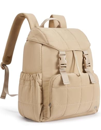 BOSTANTEN Puffer Backpack for Women, 15.6 Inch College Laptop Backpack with RFID Pocket, Water Resistant Casual Travel Daypack, Khaki - Image 1