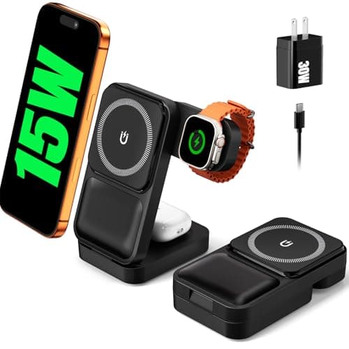 Eddibox Travel Charging Station 3 in 1 for MagSafe, 15W Ultra Fast Magnetic Wireless Charger Stand for iPhone 17 16 15 Pro Max, Foldable Phone Charging Dock for Apple Watch/AirPods (with 30W Adapter) - Image 1