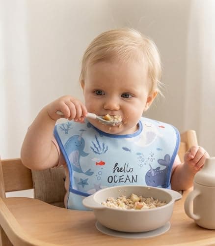 CIVARUA KIDS 3-Pack Waterproof Baby Bibs for Eating - Mess Proof Lightweight Toddler Feeding Bibs with Large Food Catcher, Food-Grade Baby Eating Essentials, Easy to Put On & Clean(Light Blue Ocean) - Thumbnail 2