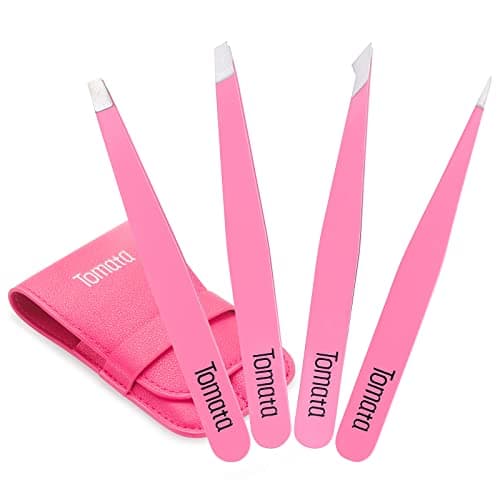 Tomata Tweezers for Eyebrows, Slant Tip and Pointed Eyebrow Tweezer Set Great Precision for Eyebrows Facial Hair, Ingrown Hair, Splinter, Blackhead and Tick Remover (4-piece) (pink) - Image 1