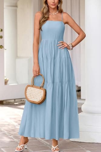 Okiwam Women's Summer Dress 2026 Casual Boho Sleeveless Spaghetti Strap Smocked Maxi Dress Ruffle Long Beach Sundresses-XL Blue - Thumbnail 5