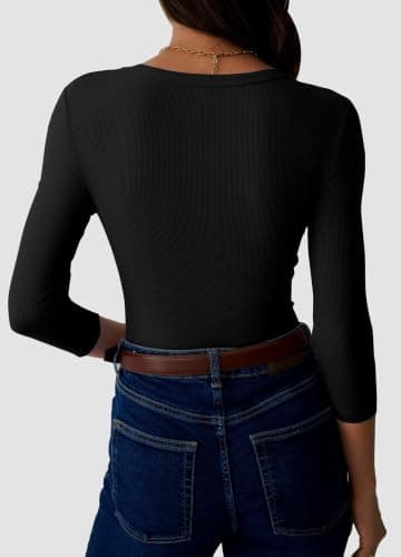 GKBK Womens 3/4 Sleeve Scoop Neck Tops Ribbed Knit Slim Fitted Casual Basic Tee Shirts 2026 Summer Fashion Trendy Work Casual T-Shirt Workout Outfits Thermal Undershirts Layering Clothes Black S - Thumbnail 4