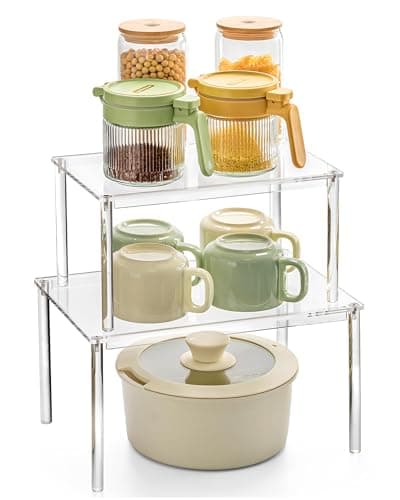 Bobomoment Acrylic Cabinet Organizer, Set of 2 Shelf Organizer, Spice Rack Organizer for Cabinet, Desk Countertop Organizer, Stackable Shelves for Pantry Kitchen Storage and Organization - Image 1