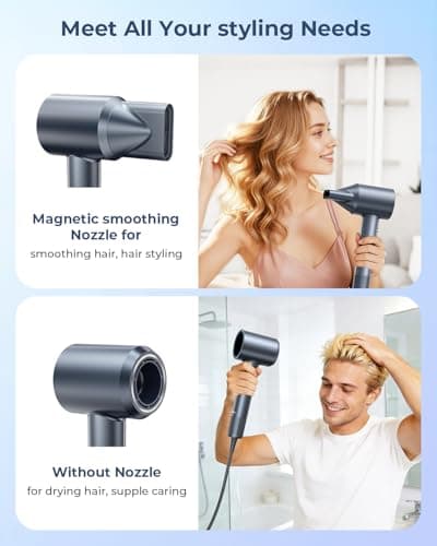 Hair Dryer, 150000 RPM Professional High-Speed Blow Dryer, Negative Ionic Hair Dryer for Fast Drying, Low Noise Thermo-Control HairDryer with Magnetic Nozzle for Home Travel Women Man - Thumbnail 5