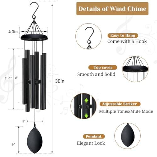Wind Chimes for Outside Deep Tone, 30 Inch Memorial Wind Chimes with 6 Tuned Aluminum Tubes, Black Garden Decor for Sympathy Gift, Mother’s Day, Patio, Porch with S Hook & Greeting Card - Thumbnail 6