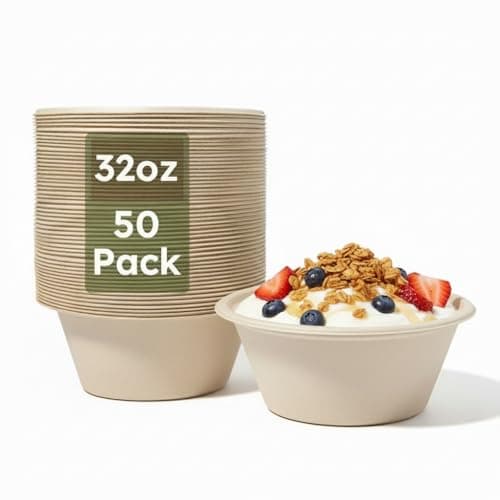 JYTIDYRA 32 oz Disposable Paper Bowls, Heavy-Duty Compostable Soup Bowls, Eco-Friendly Biodegradable Bagasse Bowls, Microwave & Freezer Safe, Large Deep Bowls for Salad, Cereal, BBQ [50 Pack]