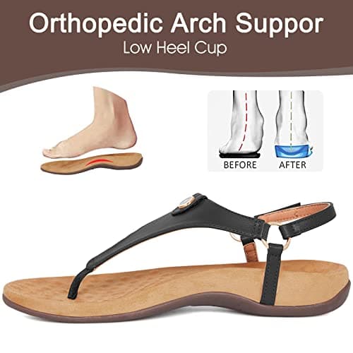 Athlefit Women's Comfortable Orthopedic Sandals Thong Dressy T-Strap Orthotic Casual Summer Arch Support Black Sandals size 7.5 - Thumbnail 3