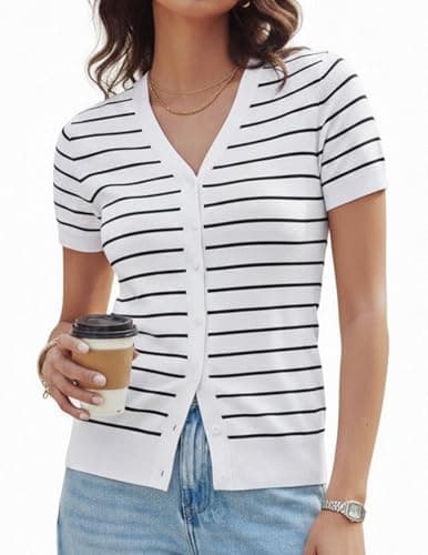 GRACE KARIN Short Sleeve Striped Cardigan Button Down Sweaters for Women V Neck Summer Summer Outfitss(White Black Striped,S) - Image 1