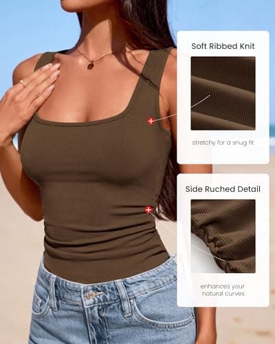 KIRUNDO Tank Tops for Women Slim Fit 2026 Summer Square Neck Going Out Top Ribbed Casual Ruched Sleeveless Camisole Shirts(Brown, Large) - Thumbnail 4