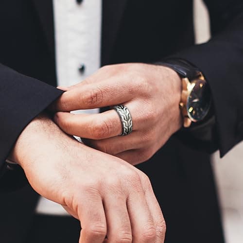 SYDNFZY Mens Wedding Band Ring - 8mm Fashion Classic Stainless Steel Engagement Promise Rings for Men Women, Cool Tire Tread Pattern Ring for Men Biker Bands Comfort Fit Jewelry Gift Ring Size 6 7 8 9 10 11 - Thumbnail 3