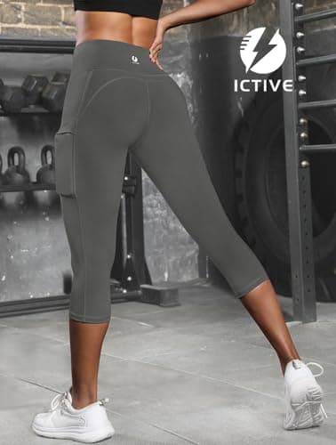 ICTIVE Women's Capris Yoga Pants with Pockets Crossover V Cross High Waisted Fitness Running Leggings Grey L - Thumbnail 3