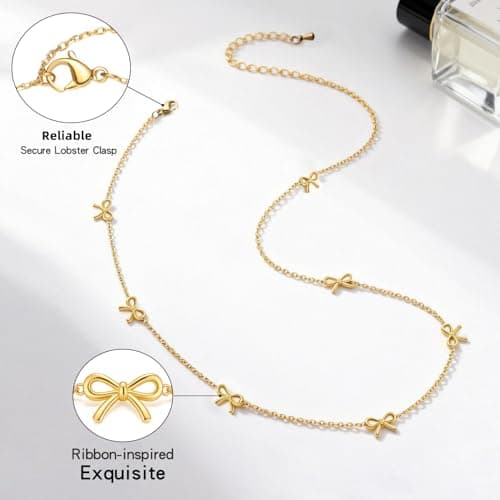 BOLAGTIER Dainty 7-Bow Necklace: 14K Gold Plated Minimalist Adjustable 17.7”+2” Stainless Steel Choker | Trendy Ribbon-Inspired Design, Simple Chain Jewelry Gift for Women (Gold) - Thumbnail 4