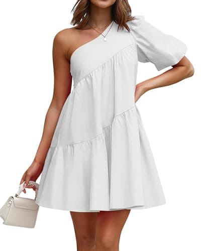 KIRUNDO Summer One Shoulder Mini Baby Doll Dresses Women 2026 Casual Puff Sleeve Loose Tiered A Line Flowy Short Dress(White, XX-Large) - Image 1