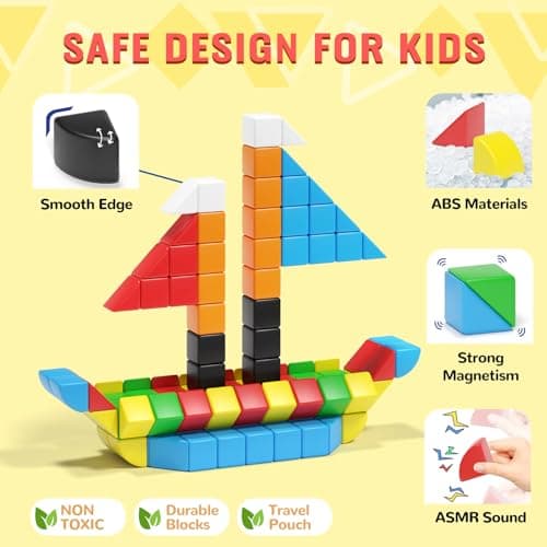 Hiwawind 56 PCS Magnetic Blocks, 1-Inch Isosceles Triangles & Quarter Circles, Montessori STEM Sensory Toys for Kids Ages 3-6, Christmas & Birthday Gift for Boys Girls - Thumbnail 4