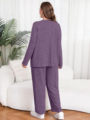 AusLook Plus Size 2 Piece Sets for Women Loose Wide Leg Pant Long Sleeve Top Matching Sets Purple 3X Tracksuit Loungewear 2027 Vacation Travel Airport Outfits Going Out Comfy Track Suits - Thumbnail 6