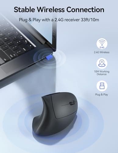 TECKNET Ergonomic Mouse, Rechargeable Vertical Ergo Mouse Wireless 800-4800 Levels 5 Adjustable DPI, Silent 2.4GHz Optical Carpal Tunnel Mouse for Right Hand, USB Wireless Mice for Laptop, PC - Thumbnail 4