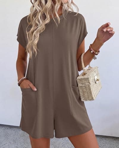 BTFBM Rompers for Women Summer 2026 Casual Dressy One Piece Shorts Tshirt Pants Jumpsuit Beach Vacation Clothes Outfit(Coffee, X-Large) - Thumbnail 2