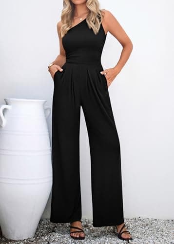 KIRUNDO One Piece Jumpsuits For Women Dressy 2026 One Shoulder Formal Ribbed Wide Leg Rompers With Pockets Summer Outfits(Black, X-Large) - Thumbnail 6