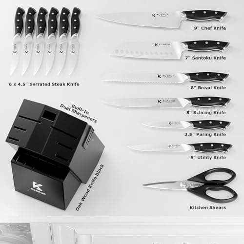 KOSROR Kitchen Knife Set with Block: 15-Piece German Stainless Steel with Dual Sharpener for Beginners - Covers 95% Kitchen Tasks - Black Full-Tang Ergonomic Handle, Dishwasher Safe, Easy to Use - Thumbnail 2