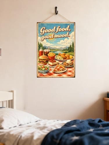 Good Food Good Mood Tin Sign Vintage Food Wall Decor Retro Picnic Meal Illustration Metal Poster Burger Pizza Dessert Art 8x12 Inch Kitchen Cafe Restaurant Display - Thumbnail 2