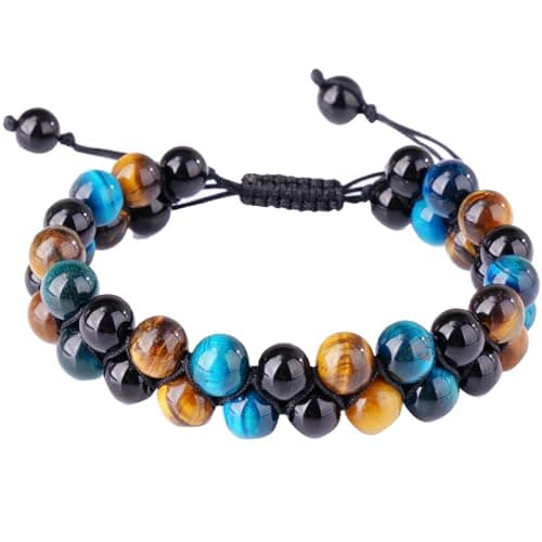 PAKUNDAS Handmade Triple Protection Bracelet,Bracelets for Men Women Natural Tiger Eye Jewelry Stone Hematite and Obsidian 8mm Crystal Bracelet - Adjustable Size with Premium Gift-Box