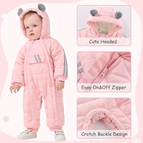 JiAmy Baby Snowsuit Baby Bear Hooded Winter Outfit Double Girl Boy Zipper Winter Clothes Romper Pink 3-6 Months - Thumbnail 3