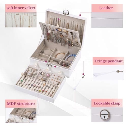 BOOVO Earring Jewelry Box For Women Girl Stud Organizer, 4 Layers Girl Jewelry Organizer Box With Lock Earring Holder Organizer Necklace Ring Jewelry Organizer Box For Girls (White, 4 layer) - Thumbnail 3