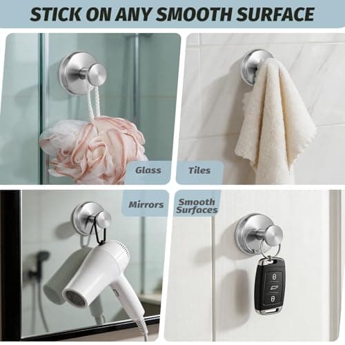 warlve Large 15lb Suction Cup Hooks for Shower, No-Drill Bathroom Towel Hooks for Robes, Loofah, Removable Mountable on Glass, Tile, Mirrors, Smooth Non-Porous Surfaces (2, Brushed Nickel) - Thumbnail 4