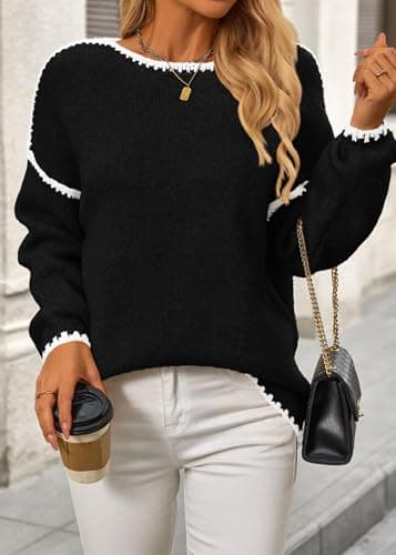 KIRUNDO Womens Sweaters 2026 Fall Oversized Long Sleeve Chunky Knit Crew Neck Contrast Stitching Pullover Winter Clothes(Black, X-Large) - Thumbnail 4