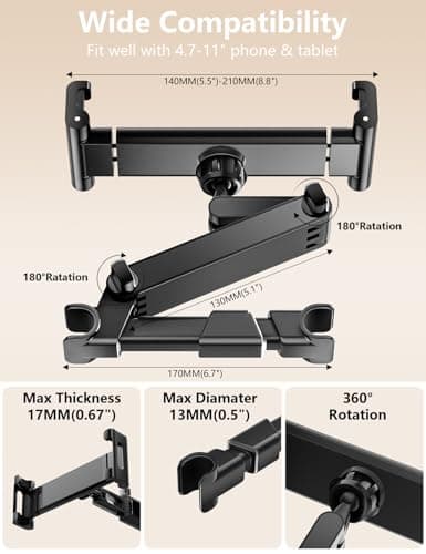 BKWITY Car Headrest Tablet Holder, Lockable 3-in-1 Extension Arm Tablet Mount for Car Backseat, 360° Rotation, Fits iPad Pro Air Mini, Fire HD, 4.7-13" Tablets, Road Trip Essentials for Kids - Thumbnail 4