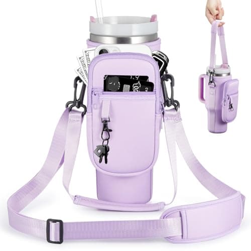 BULKITEM Water Bottle Carrier Bag with Phone Pocket for Purple Stanley 40 oz Tumbler with Handle, Purple Insulated Neoprene Cup Holder Pouch Strap for Stanley Cup Accessories