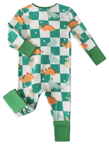 Joonberry Infant Baby Girl Clothing Bamboo Rayon Footies, Newborn outfit Footed Long Sleeve Jumpsuit with Zipper and Mitten Cuffs (Dinosaur Checkerboard, 3-6M) - Thumbnail 2